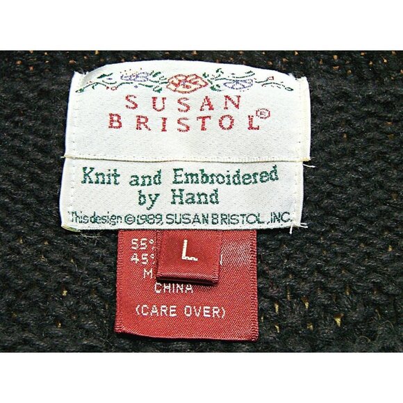 Vintage Y2K Susan Bristol Hand Knit Embroidered Cardigan Sweater Floral Black Lg - Picture 7 of 12